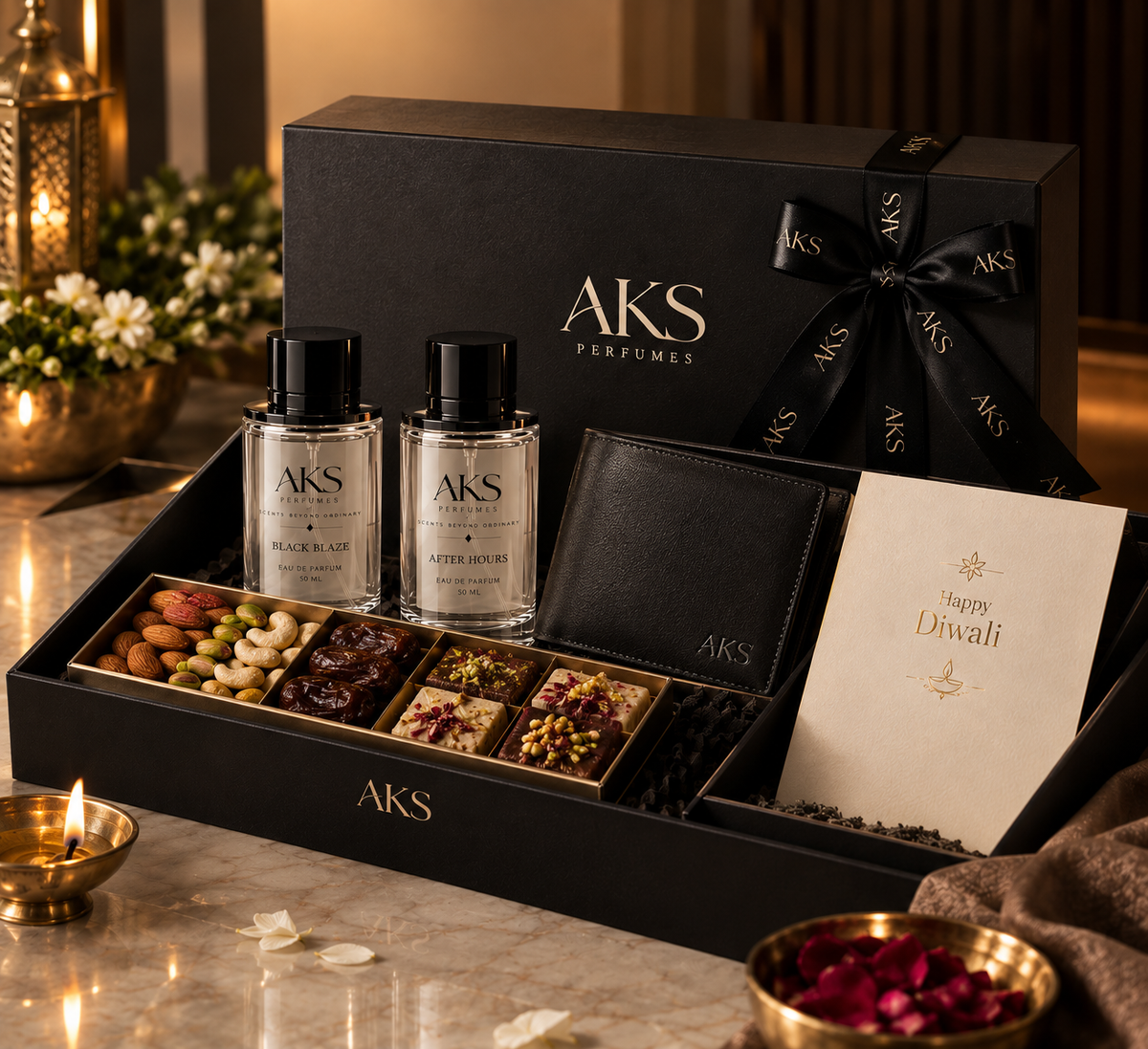Diwali Hamper for Your Family - two perfumes, leather wallet, dry fruit box and Diwali card