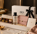 Diwali Hamper for Your Girlfriend - perfume, leather purse, mithai and Diwali card