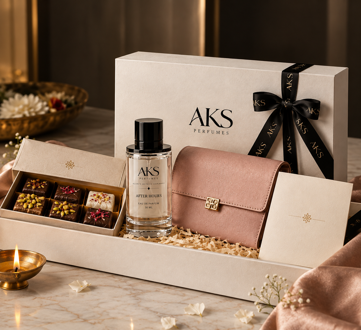 Diwali Hamper for Your Girlfriend - perfume, leather purse, mithai and Diwali card