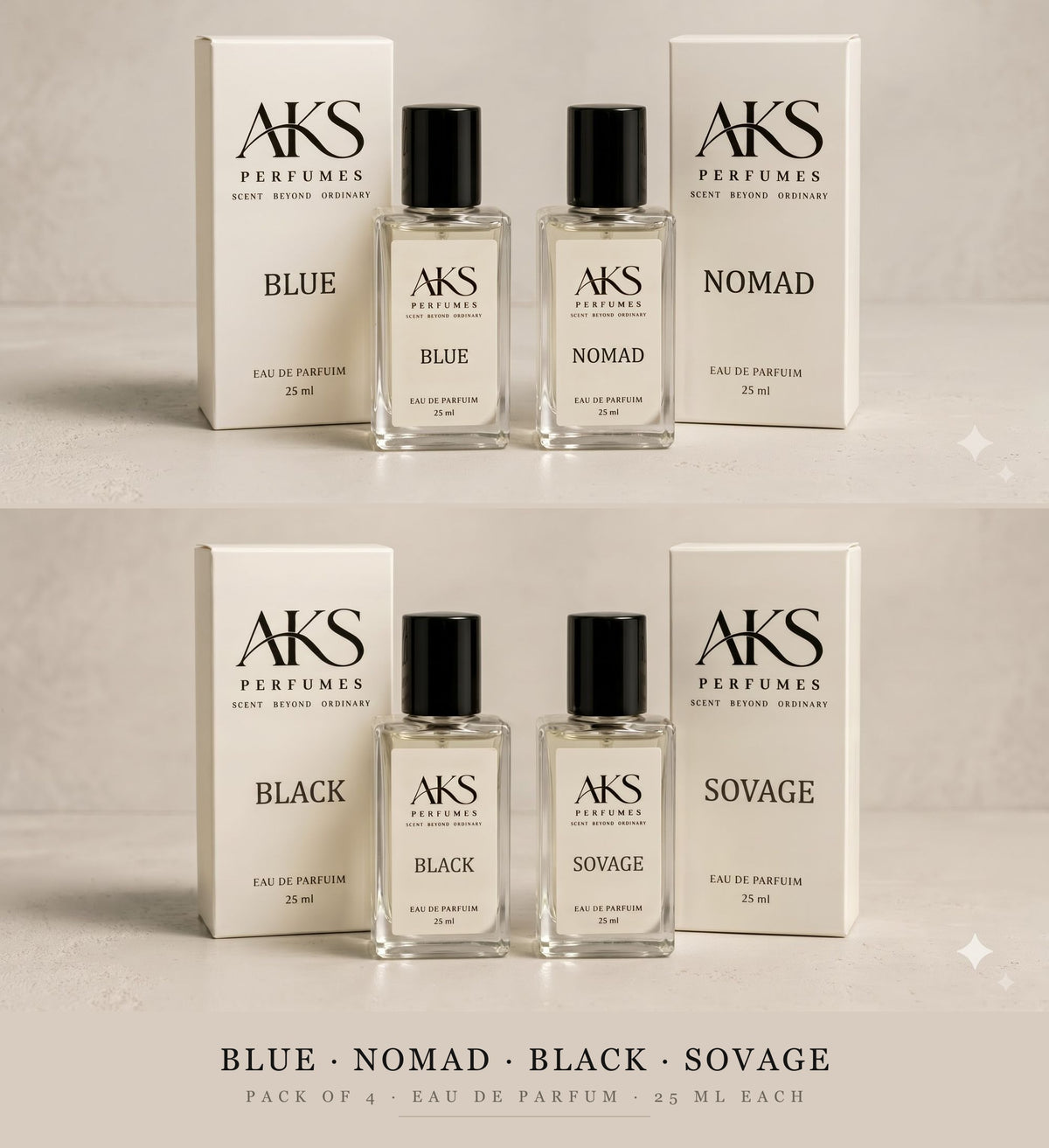 AKS Perfumes Men Pack of 4 - Blue, Nomad, Black and Sovage, 25ml each